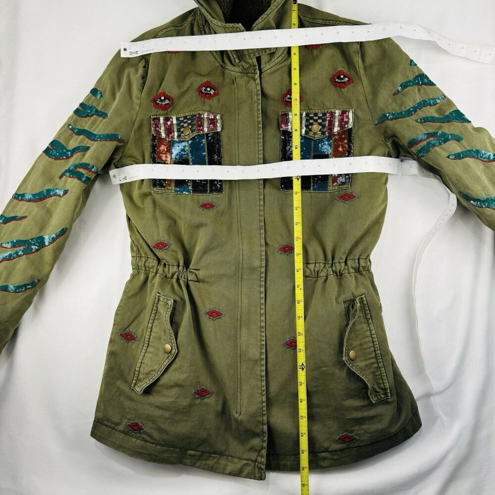 NWT Desigual Flix 2 In 1 Military Parka Jacket Sequins Size 32 Detach Line Small - Picture 10 of 16